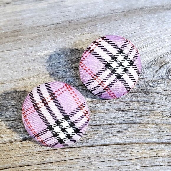 Lavender Purple Black White Tartan Plaid Fabric Button Earrings - Picture 1 of 5